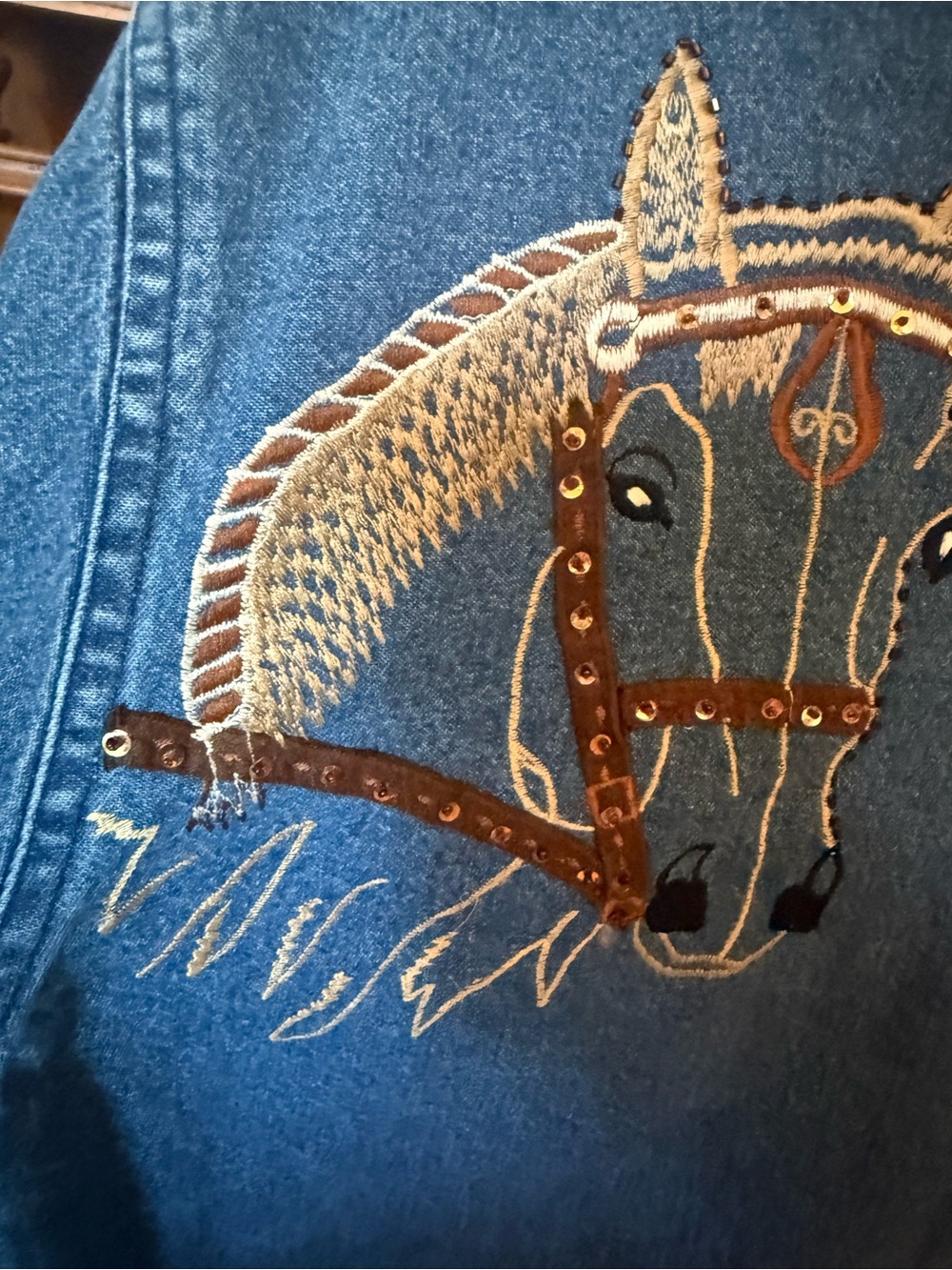 Tantrums vintage 100% cotton Horse Equestrian Western Denim Beaded Sequin Jacket - Picture 9 of 12